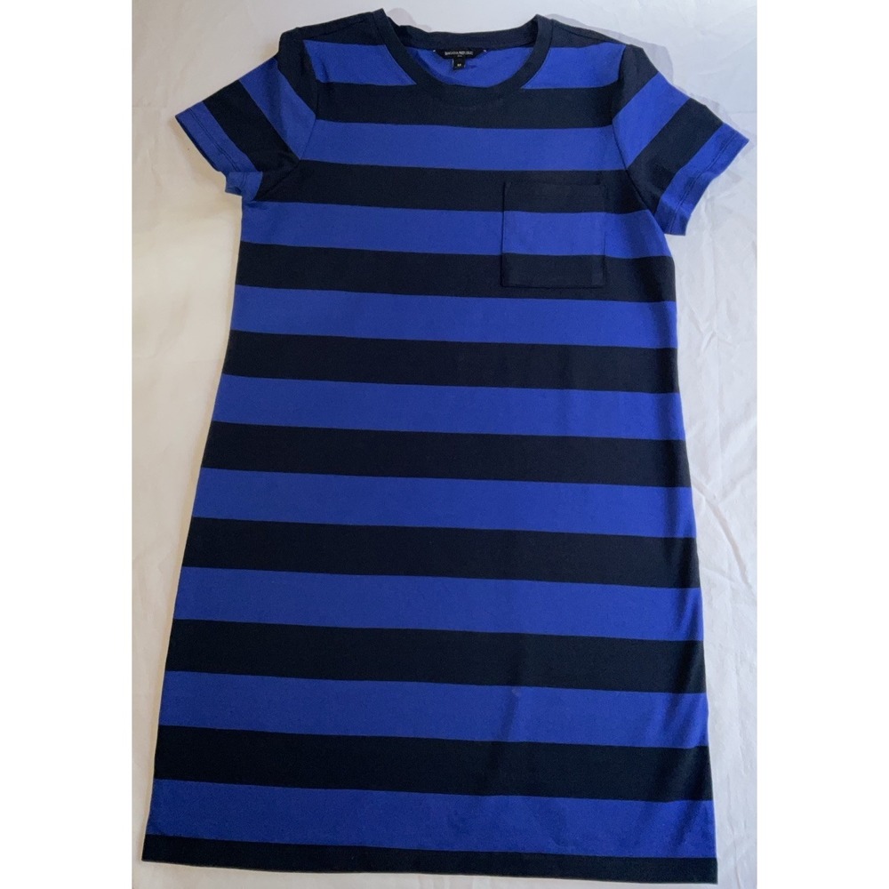 NWOT Women's Banana Republic Stretch T-Shirt Dress Black Blue Striped - Medium
